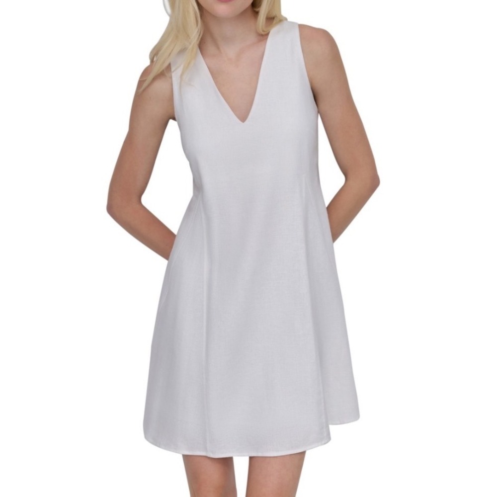 DKNY Linen Blend Dress Women 16 NWT Cream V-Neck Sleeveless A-Line MSRP $129